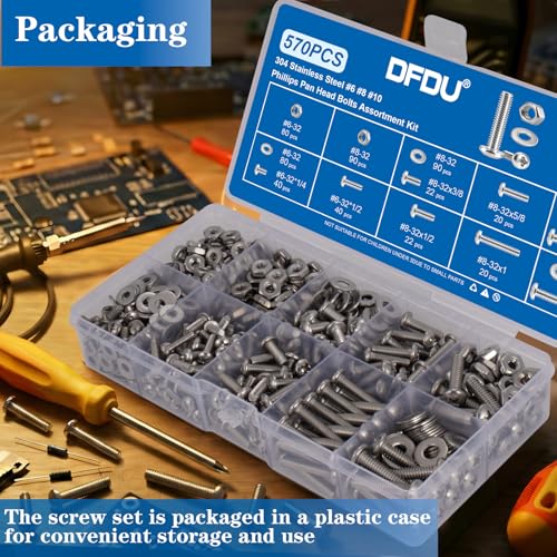 570Pcs Phillips Pan Head Nuts and Bolts Assortment Kit#6-32#8-32#10-24 - size: SS #6#8#10 570PCS