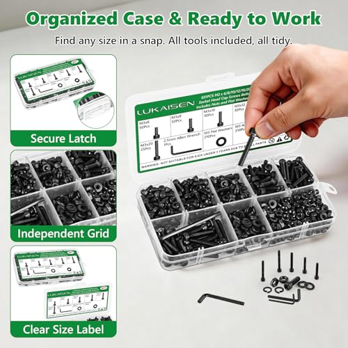 631PCS M3 Hex Socket Head Cap Screws, 12.9 Alloy Steel Bolts Kit - size: M3 631pcs 3