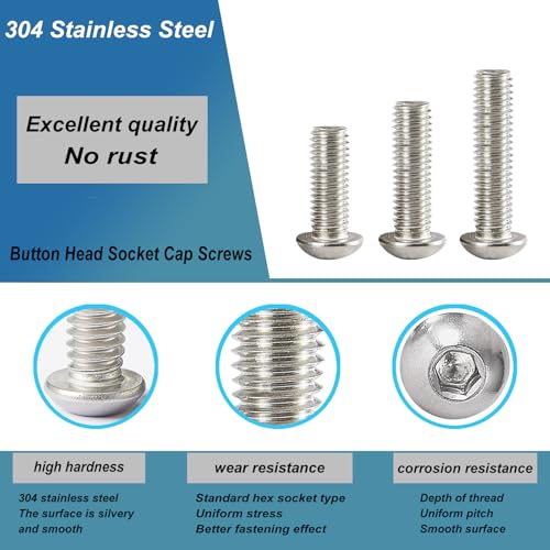 M6 x 8mm 12mm 16mm 20mm 25mm Button Head Socket Cap Screws Bolts, Stainless Steel 304, Metric Allen Hex Drive, Bright Finish, Fully Threaded, Assortment Kit 50PCS - size: Button M6x8-25 mm