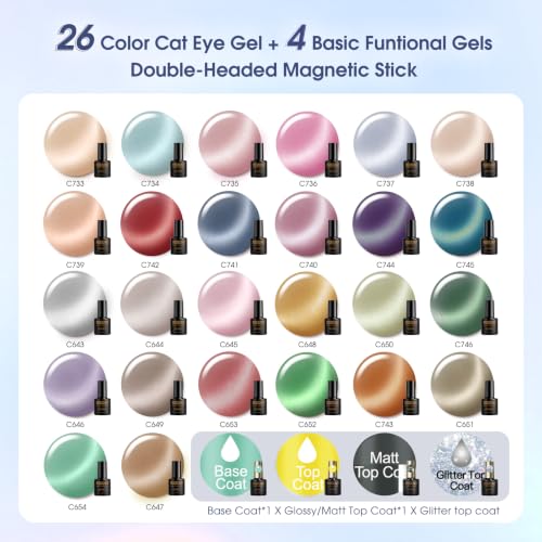 ROSALIND Cat Eye Gel Nail Polish Set with 4pcs Base Top Coat and Magnet | 26 Color Moonlight Cateye gel polish, Base Coat, Glossy/Matte/Glitter Top Coat, Cat Eye Magnet, Soak Off UV, Gift for Women - color: Moonlight Cateye