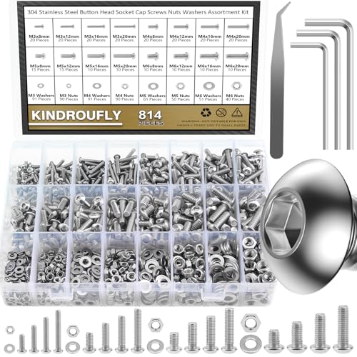 814 Pieces Button Head Socket Cap Screws Nuts Washers Kit, Kindroufly M3 M4 M5 M6 Screw Assortment Kit, Metric Screw Set, Bolts and Nuts, Machine Screws, 304 Stainless Steel, Fully Machine Thread - size: M3/M4/M5/M6, style: Button Head