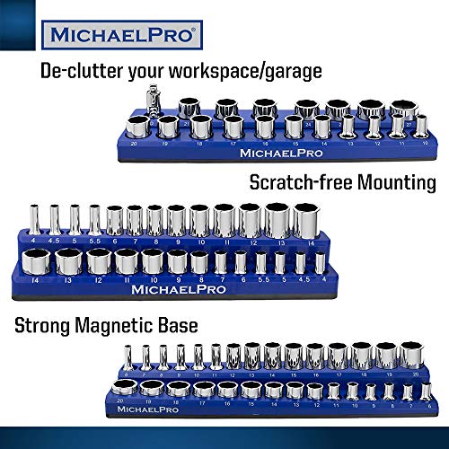 MichaelPro Magnetic Socket Organizer, Socket Tray, 3-Pc 1/4-inch, 3/8-Inch, & 1/2-Inch Magnetic Organizer Tray in Metric for Toolboxes/Cabinets| MP014002 - size: Metric
