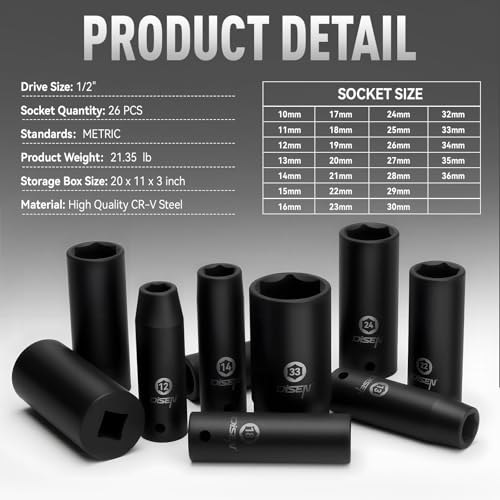 DISEN 26 Pcs Metric 1/2" Impact Socket Set - size: 1/2“ 26PCS