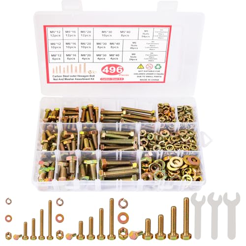 496Pcs Metric Bolt Assortment, M5 M6 M8 Hex Heavy Duty Bolts and Nuts Kit, Grade 8.8 Nuts and Bolts Assortment Kit M5x0.98 M6 x1.0 M8 x1.25 (12mm to 40mm),Yellow Zinc Plated - size: F. M5 M6 M8