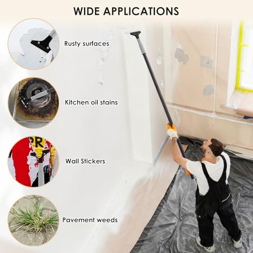 Heavy-Duty Floor Scraper, 4-Inch Razor Blade Scraper Tool, 36-Inch Long Handle, Includes 10 Extra Metal Blades, Paint Scraper for Cleaning Wall, Glass, Adhesives, Chewing Gum, Ceiling - size: 36in