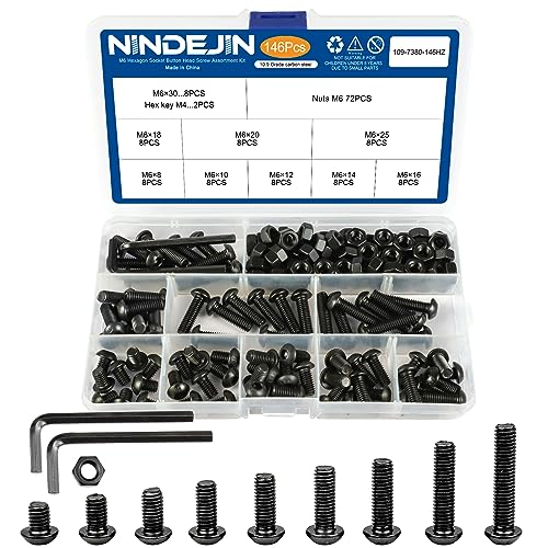 NINDEJIN M6 Button Head Socket Cap Bolts Screws, Metric M6 x 8/10/12/14/16/18/20/25/30mm Screws Bolts Nuts Assortment Kit, 146Pcs Allen Hex Drive, Black Oxide, 10.9 Carbon Steel, Fully Threaded - size: 146PCS M6 8mm-30mm