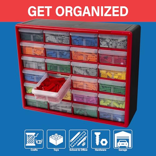 Akro-Mils 24-Drawer Plastic Storage Cabinet, 20"W x 6"D x 16"H, Red - color: Red, size: 24 Drawer, style: 1 Pack