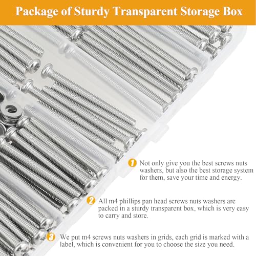 185 Pieces M4 x 30/35/40/45/50mm Machine Screws Nuts Washers Set, Sutemribor M4 Long Screws, M4 Phillips Pan Head Machine Screws Nuts Washers Assortment Kit, 304 Stainless Steel, Fully Threaded - size: M4 x 30-50mm, style: Phillips Pan Head