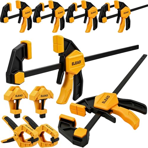 10-Piece Bar Clamps for Woodworking, 4PCS 6-inch & 2PCS 12-inch One-Handed F Clamp/Spreader with 132 LBS Load Limit, Spring Clamps, 90° Angle Clamp, Quick Release Grip - style: 10-Piece