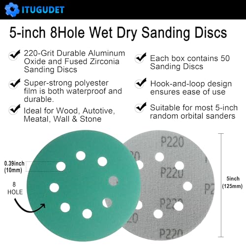 5 Inch 8 Hole P220 Grit Zirconia Wet Dry Sanding Discs - 50 Pack - size: 220 Grit