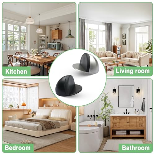 2 Pcs Adhesive Door Stopper Stainless Steel Floor Door Stopper Floor Mounted Door Stops for Living Room Bedroom Bathroom Office (Black&Silver)