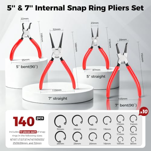 BILITOOLS 4PC Internal Snap Ring Pliers Set, 5" & 7" Circlip Kit - size: 5'' & 7'' Internal Snap Ring Pliers Set