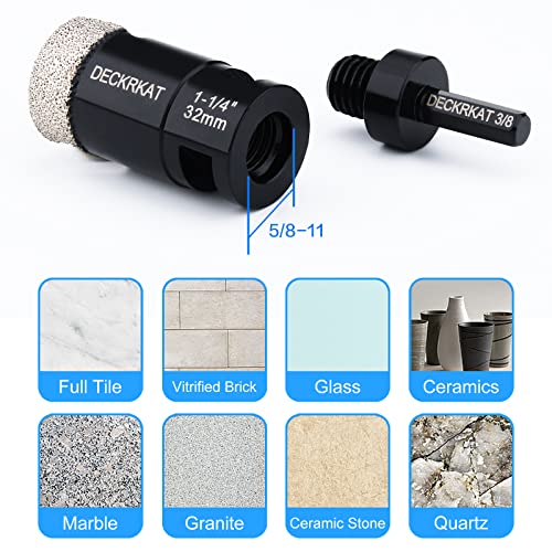 Diamond Core Drill Bit 1-1/4” 32mm Vacuum Brazed Hole Saw with Flutes for Granite Quartz Hard Porcelain Tile with 5/8-11 Female Thread & 3/8” Hex Shank Adapter Fit Angle Grinders & Drills - size: 1-1/4”（32mm）