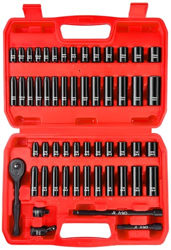 WETT 1/4" Drive Impact Socket Set, 55 Piece, SAE/Metric, Deep/Shallow, Cr-V Steel, 6 Point, (5/32"-9/16", 4-15mm) Sockets with Ratchet Handle, Extension bar, Adapter and Universal Joint - size: 55pcs 1/4" Socket (SAE/Metric, Deep/Shallow)