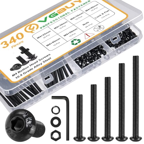 VGBUY 340Pcs M4 Screw Kit, Black M4 Screws Bolts, 25/30/35/40/45/50mm Metric Button Head Cap Screw Assortment Kit with Washer Nuts,10.9 Grade - size: M4x25/30/35/40/45/50mm, style: Button Head