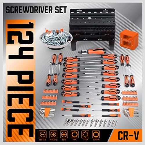124-Piece Magnetic Screwdriver Set with Plastic Racking, Precision Screwdrivers, Magnetizer, Demagnetizer, Allen Keys, Nut Drivers, Ratchet Handles, Sockets & More - DIY Tools for Men, Tools Gift - color: 124 Pcs Master + Storage Rack