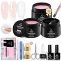 Beetles Hard Gel Nail Extension Kit, 3 Color Builder Gels & Half Cover Tips - color: Clear Nude Glitter Jelly Pink with Long Square Nail Tips 3 x 30 g