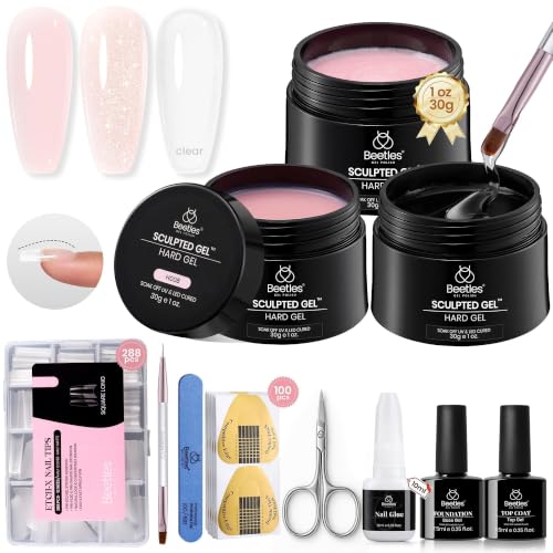 Beetles Hard Gel Nail Extension Kit, 3 Color Builder Gels & Half Cover Tips - color: Clear Nude Glitter Jelly Pink with Long Square Nail Tips 3 x 30 g