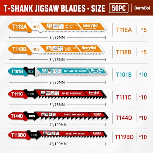 50-PCS T-Shank Jigsaw Blades Set for Wood & Metal, Plastic Cutting Assorted Jigsaw Blades with Plastic Case(T118A/T118B/T101B/T119BO/T111C/T144D)