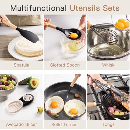 Astercook 39 PCS Kitchen Utensils Set, Silicone Cooking Utensil Sets with Wooden Handle, 446°F Heat Resistant Food Grade Spatula Set, BPA Free Kitchen Gadgets Tools Set & Spoons for Nonstick Cookware - color: Black