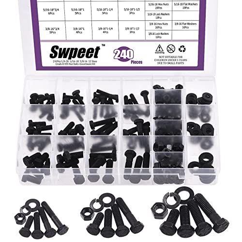 Swpeet 240Pcs 1/4-20 5/16-18 3/8-16 12 Sizes Black Zinc Finish Carbon Steel Grade 8 USS Nut Bolts Assortment Kit, Heavy Duty Bolt Nut and Washer Assortment Coarse Thread Hex Head Cap Screws Bolt - size: Assortment Kit