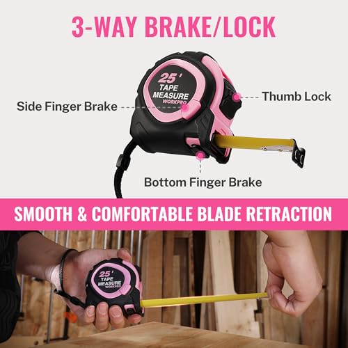 WORKPRO 25-FT Tape Measure with Fractions, 3 Brakes Retractable Measuring Tape, Compact Measurement Tape with Magnetic Hook, Nylon Coating Blade Accuracy 1/32”, Pink - size: 25-FT