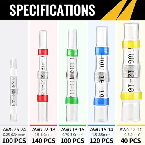 Sopoby 500PCS Solder Seal Wire Connectors, Self Soldering Heat Shrink Butt Connector Solder Sleeve Waterproof Insulated Electrical Butt Splice Wire Terminals for Marine Automotive Boat Truck - size: 500 pcs