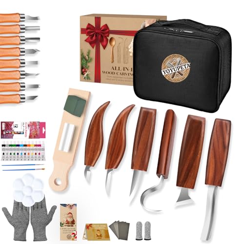 YOYUPETA Wood Carving Tools, 34-Piece Professional Whittling & Carving Kit Set with Walnut Handle Knives, Detail Gouges, Sharpening Stone, Acrylic Paints, Brushes, Palette & Gloves for Adult Hobbyists - color: 34-Piece Wood Carving Tools
