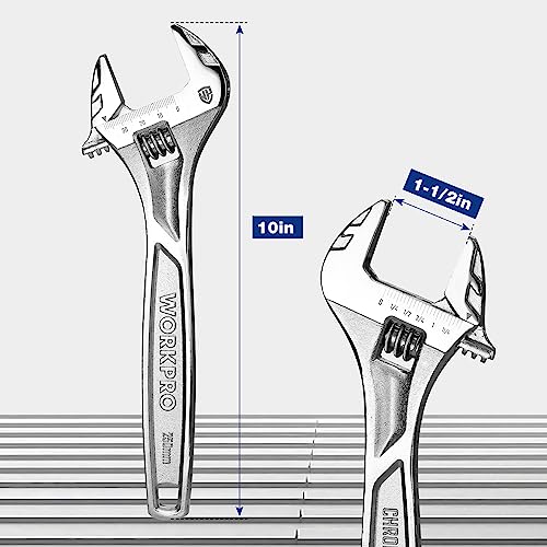 WORKPRO 10" Large Jaw Adjustable Wrench, Cr-V Steel, Chrome Finish - color: Silver, size: 10 inch