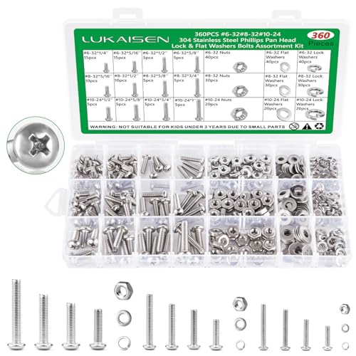 360Pcs Machine Screws #6-32#8-32#10-24 Bolt Nut Washer Kit,304SS | for Electrical Switch Boxes, Wall Socket Outlets & Faceplates, 10 Metric Sizes (M4 x 6mm to 30mm) - size: 360Pcs #6-32#8-32#10-24