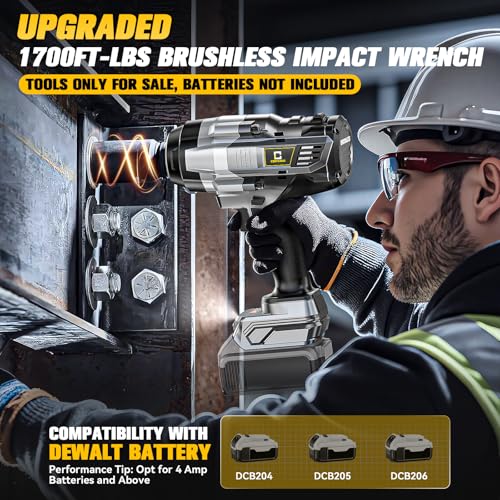 Cordless Impact Wrench 1/2 inch Compatible with Dewalt Battery: 1700FT-LBS High Torque Impact Wrench Heavy Duty Tool - Brushless Electric Impact Gun Includes LED Work Light - Bare Tool Only - size: 1/2inch, style: Fit for DeWalt(No battery)