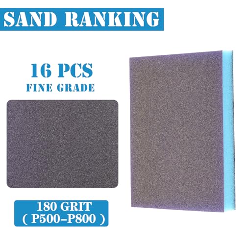 16Pcs 180 Grit Sanding Sponge, Jamiikury Sanding Blocks Washable and Reusable, Wet Dry Sandpaper Sponge for Wood Metal Furniture Paint and Drywall - size: 180 Grits