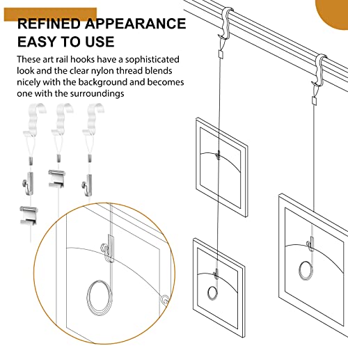 Dunzy 10 Pcs Picture Rail Hooks for Hanging, 71" Clear Nylon Cord, White - color: White, size: 71" Clear Nylon Cord