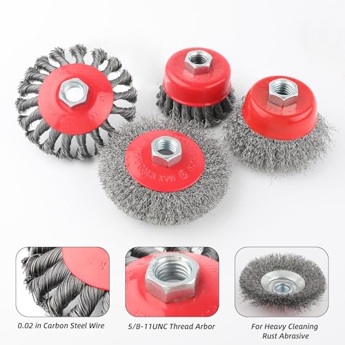 6Pack 4 1/2" Angle Grinder Wire Wheel Set -4 Inch & 3 Inch Knotted Coarse & Crimped Wheels, Cup Brushes with 5/8-11 UNC Threaded Arbor for Rust, Paint, Corrosion Removal