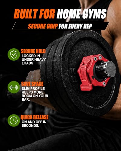MAXRICH Ultra-Thin 1-Inch Barbell Clamps, Quick Release Weight Clips for 23–30mm Bars, Secure Barbell Collars for Home Gym - color: Red