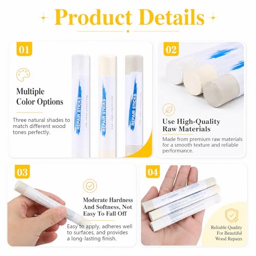 White Wood Filler Sticks, 3 Pack Quick Fix Sticks for Wood Repair
