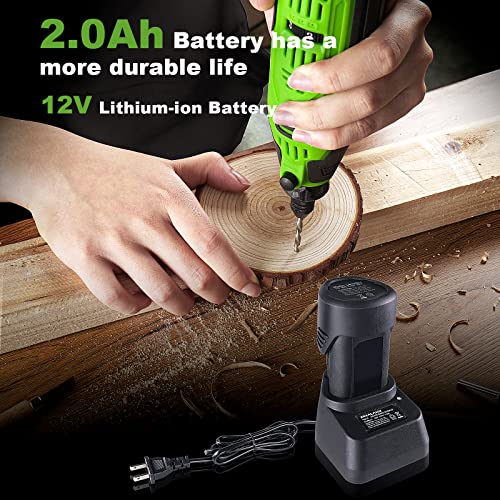 PHALANX 12V Cordless Rotary Tool Kit with Keyless Chuck, 6-Speeds 5000-32000RPM, 119 Accessories with Flex Shaft, Idea for Cutting, Grinding, Wood Carving- Include 2.0AH Battery, Charger (Renewed)
