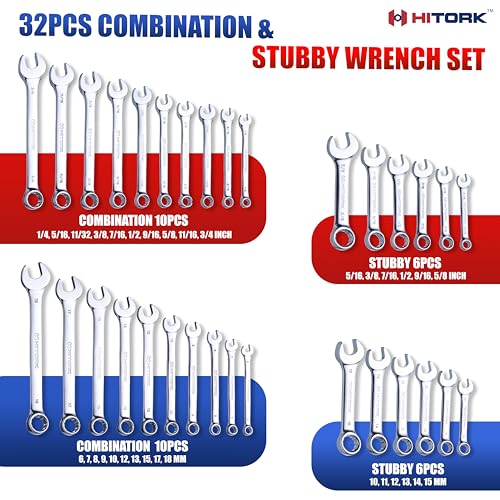 HITORK 32 Piece Combination Wrench Set, SAE and Metric, Standard and Stubby - style: 32 Piece Set SAE & Metric