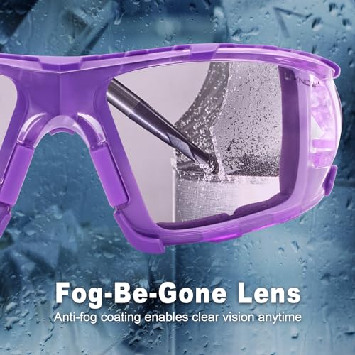 UKNOW Safety Glasses - Anti Fog Wraparound Lenses - Removable Foam Gasket - ANSI Z87.1 Protective Eyewear - Impact Resistant - color: Purple With Light Tint