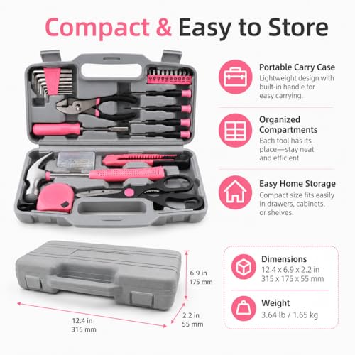 62-Piece Household Tool Kit with Pink Storage Case, Home Repair Tool Set with Hammer, Pliers, Screwdrivers, Hex Keys, Tape Measure, Utility Knife and Scissors for DIY, Apartment, Dorm and Office