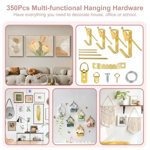 Picture Hanging Kit Tool, 352pcs Hanging Hardware with Heavy Duty Frame Hooks, Wire, Nails, D Rings, Photo Sawtooth Hangers, Wall Art Hanging Kit with Laser Level, Pink Claw Hammer