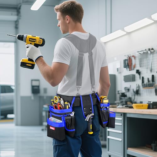 Tool Belt with 4 D-Rings,27-Pockets Tool Belts for Men,Construction - color: Blue & Black, size: 27 Pockets with Magnet Pouch