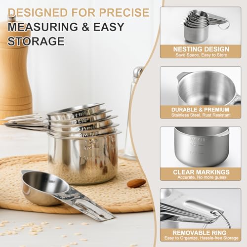 Stainless Steel Measuring Cups & Spoons Set, EWFEN Kitchen Tools Nesting Measuring Cups and Spoons, Fits in Spice Jars for Baking & Cooking, BPA Free, Set of 15 with Leveler, Black - color: Black Spoons