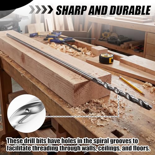 Lounsweer 2 Pack 3/8 x 36 Inch Straight Shank Installer Drill Bit for Wood Extra Long Drill Bits for Wood with Wire Pulling Hole for Woodworking Walls Ceilings Floors
