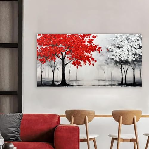 AUUZAIUA Large Canvas Wall Art Red and White Misty Forest Painting 20"x40" - size: 20"L x 40"W
