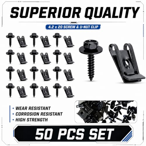 100 Pieces M4.2 Universal Fender Liner Screws and U-Nut Kit, 50 Sets Automotive Body Fasteners, Fender Screws with U Clips for Splash Shield, Wheel Well Liner, Under Cover and Body Panel Repair - color: Black M4.2 x 1.4