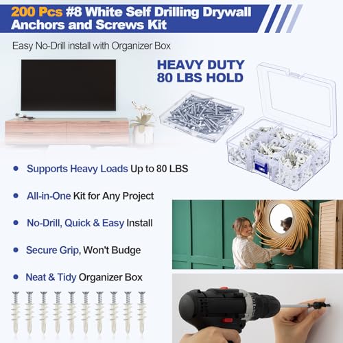 200 Pcs #8 Self Drilling Drywall Anchors and Screws Kit, 100 Anchors, 100 Screws with Organizer Box, Heavy Duty 80 LBS, No Drill Holes Required for Hanging TVs, Mirrors, Picture Frames, Shelves(White)