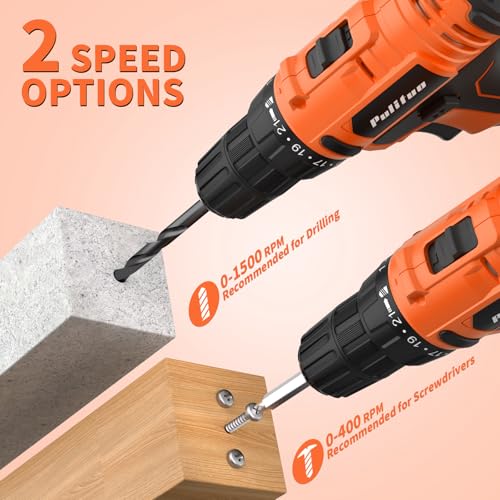 PULITUO 20V Cordless Drill/Driver, 2 Batteries Electric Screwdriver, 30Nm Power Drill Driver, 21+1 Torque, 2 Speed, 3/8"Keyless Chuck, power Drill with LED Light, Drill Driver Kit for Home (Orange) - style: 20V Drill (orange)-double