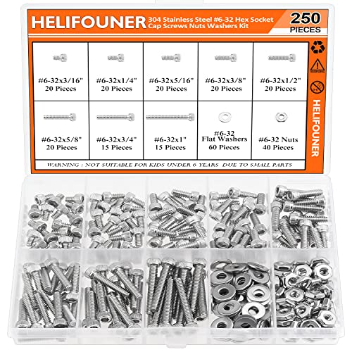 HELIFOUNER 250 Pieces #6-32 x 3/16" 1/4" 5/16" 3/8" 1/2" 5/8" 3/4" 1", Hex Socket Head Cap Screws Bolts Washers Nuts Kit, Coarse Thread, Fully Machine Threaded, 304 Stainless Steel - size: #6-32, style: Socket Head