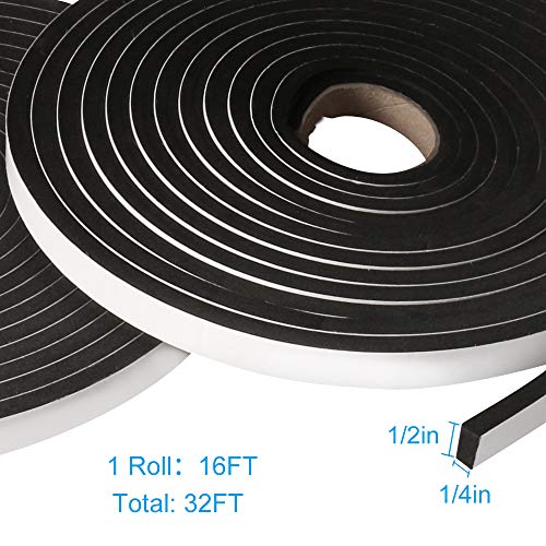 2 Rolls Foam Tape Weatheratrip for Door Window Insulation, Single Sided Foam Strips Adhesive, High Density Foam Seal Tape, Closed Cell Foam Seal Strip Tape(1/2"Wx1/4"Tx32FT, Black) - size: 1/2"W x 1/4"T x 32FT